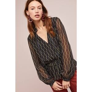 New Anthropologie Kiara Semi Sheer Blouse by Laia  $148  BLACK MOTIF Small Lined